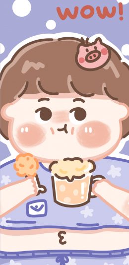 [2436x1125]wow 吃 女孩 胖子 胖妞 肚腩 猪 紫色 苹果手机动漫壁纸图片