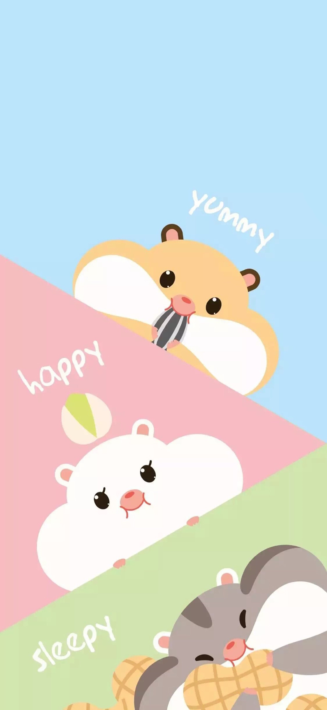 [2436×1125]三只仓鼠 卡通 yummy happy 苹果手机动漫壁纸图片