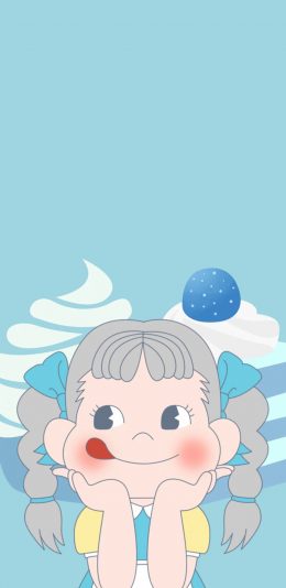[2436x1125]不二家 甜妞 蓝色 卡通 女孩 苹果手机动漫壁纸图片