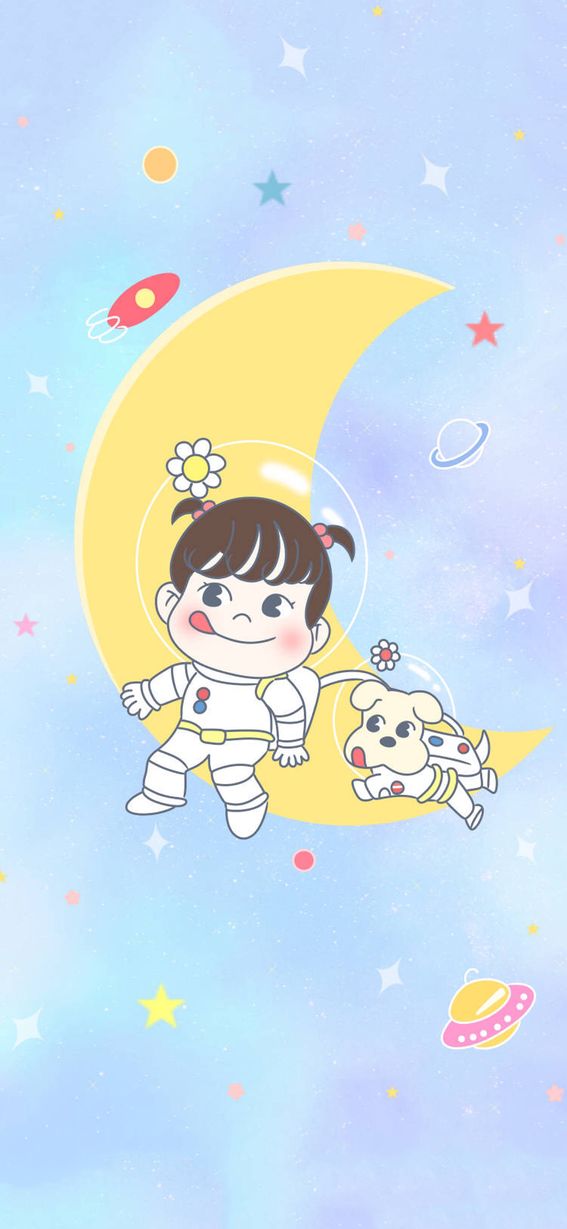 [2436×1125]不二家 糖妞 狗狗 太空服 苹果手机动漫壁纸图片