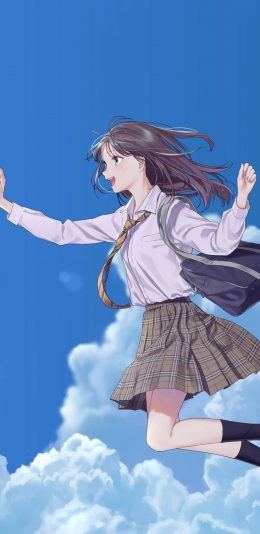 [2436x1125]二次元 动漫少女 学生服 蓝天 苹果手机动漫壁纸图片