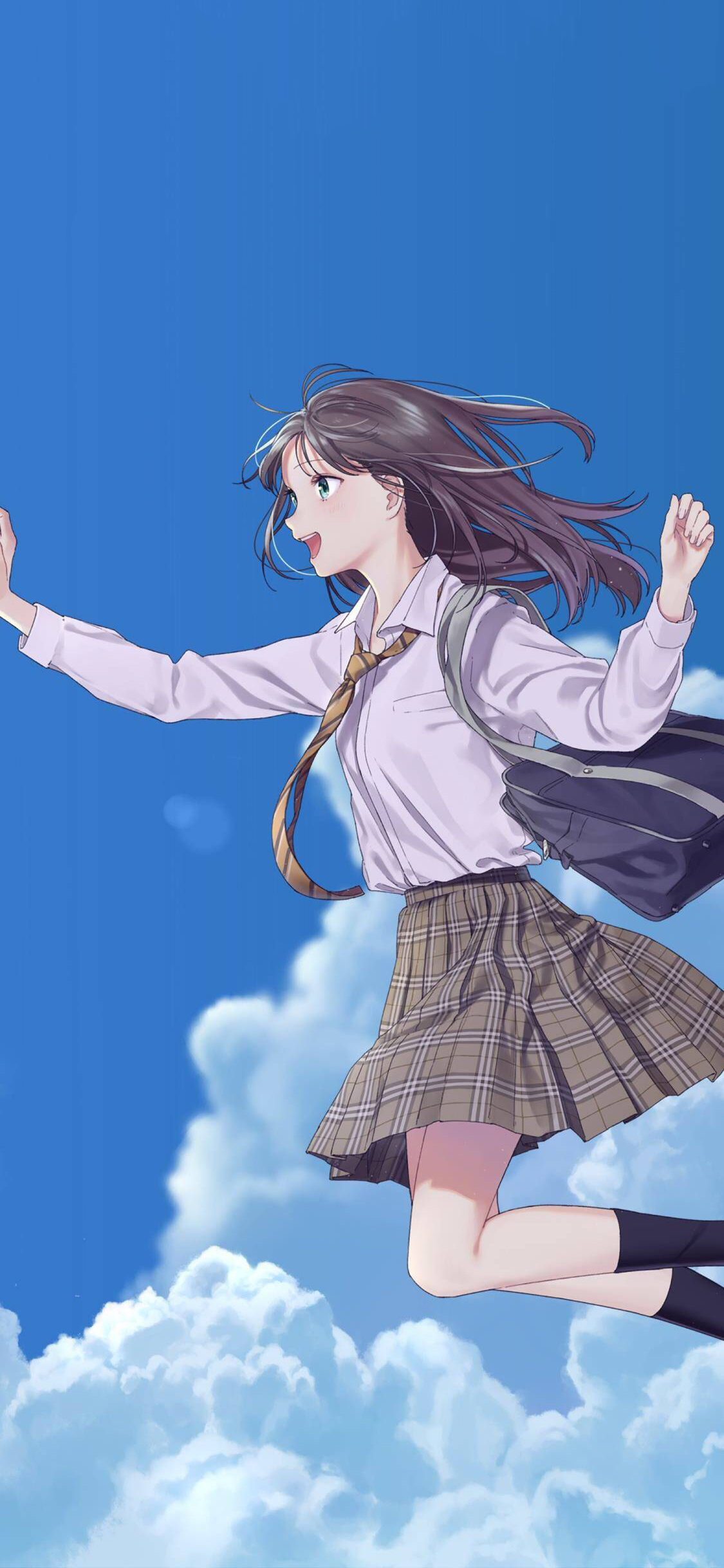 [2436×1125]二次元 动漫少女 学生服 蓝天 苹果手机动漫壁纸图片