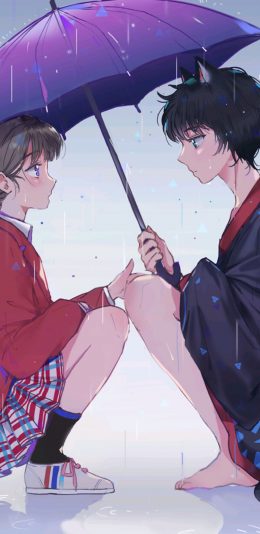 [2436x1125]二次元 动漫情侣 雨伞 浪漫 苹果手机动漫壁纸图片