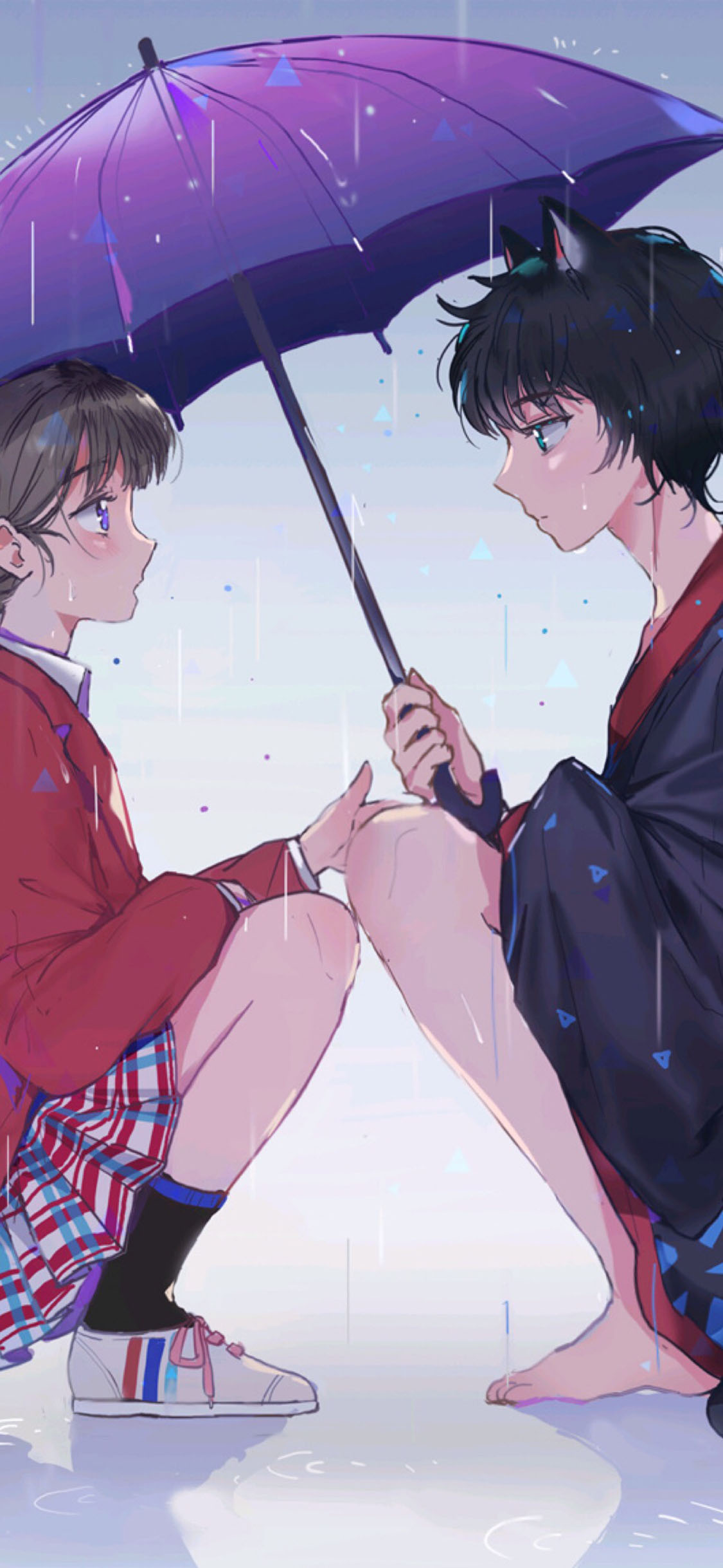 [2436×1125]二次元 动漫情侣 雨伞 浪漫 苹果手机动漫壁纸图片
