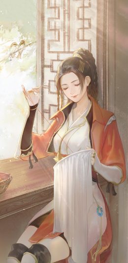 [2436x1125]二次元 古风 美女 女红 刺绣 苹果手机动漫壁纸图片