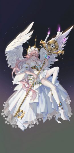 [2436x1125]二次元 天使 少女 翅膀 权杖 苹果手机动漫壁纸图片