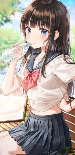 [2436x1125]二次元 女孩 插画 喝水卡通 苹果手机动漫壁纸图片
