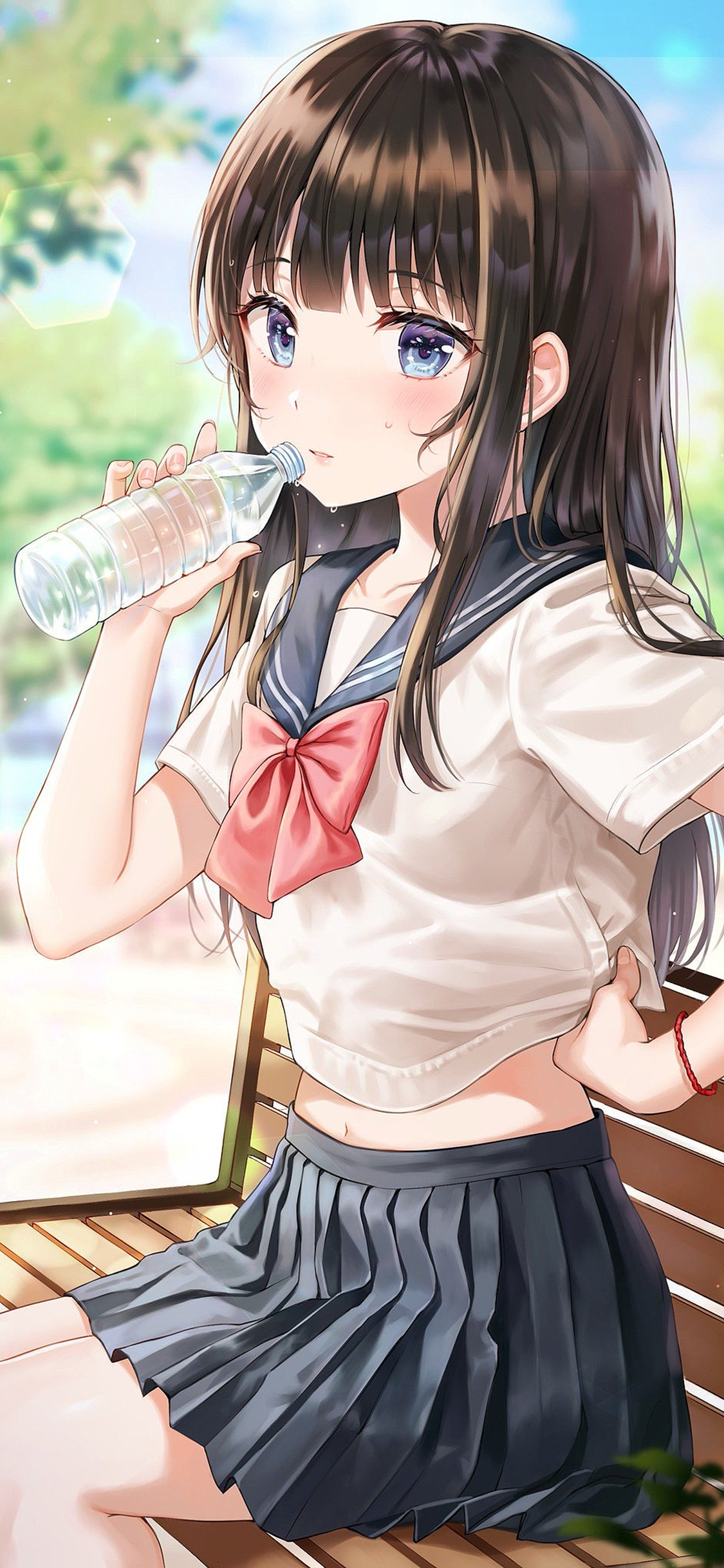 [2436×1125]二次元 女孩 插画 喝水卡通 苹果手机动漫壁纸图片