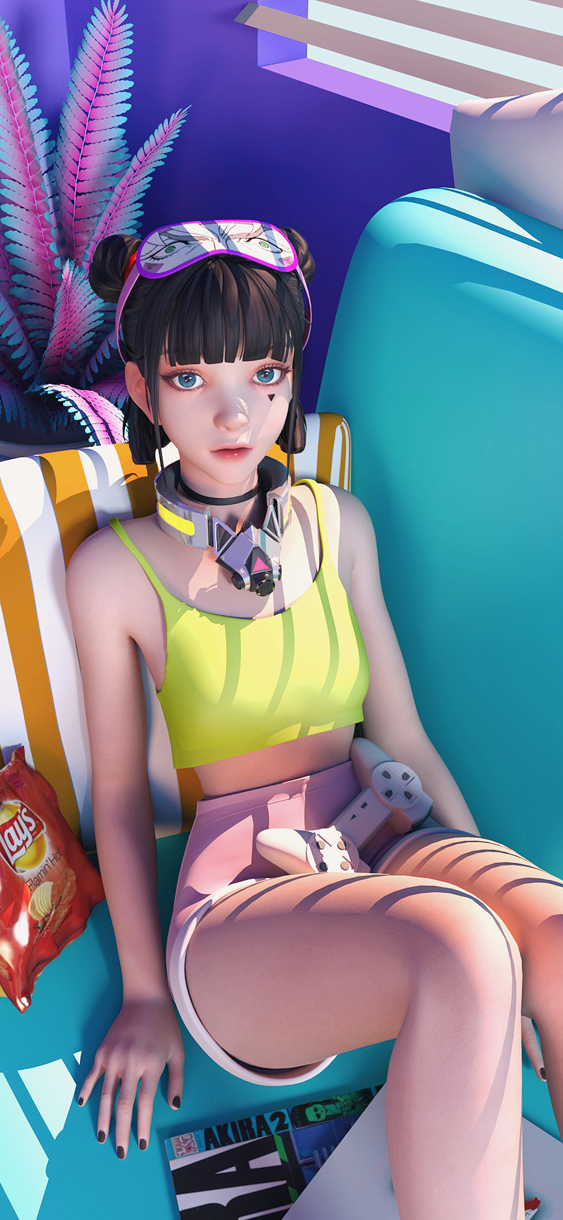 [2436×1125]二次元 女孩 色彩 时髦 苹果手机动漫壁纸图片