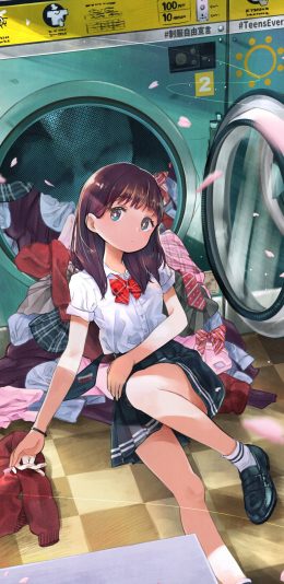[2436x1125]二次元 少女 水手服 洗衣机 苹果手机动漫壁纸图片