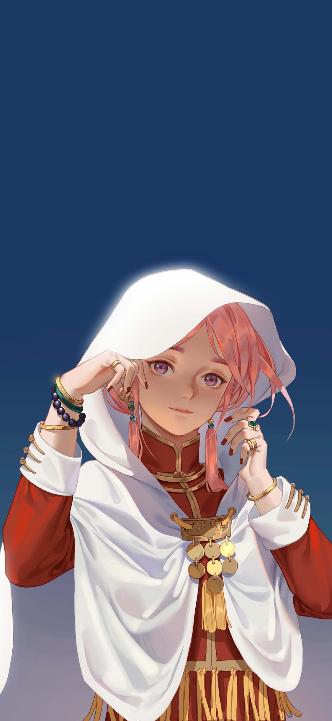 [2436×1125]二次元 少女 白色 斗篷 苹果手机动漫壁纸图片