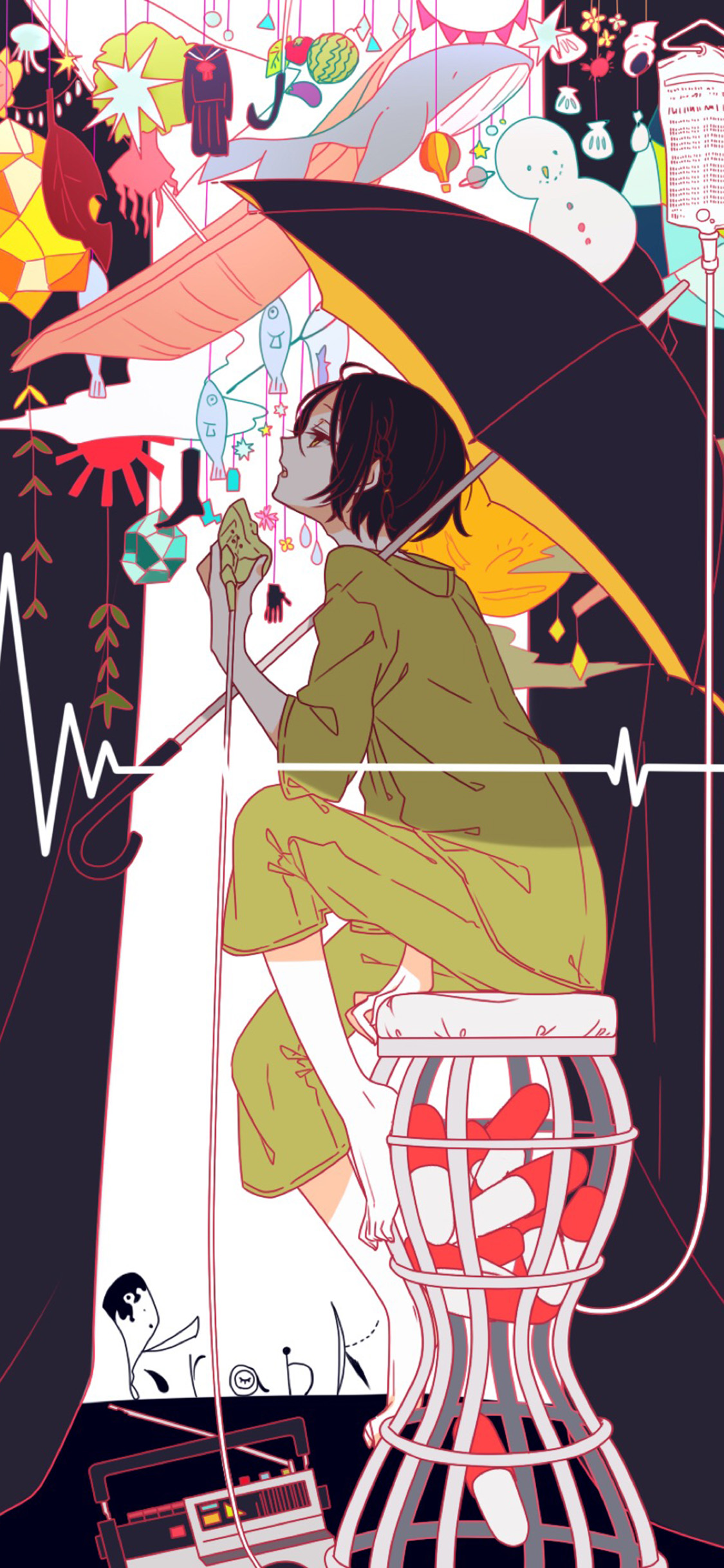 [2436×1125]二次元 少女 药丸 输液 苹果手机动漫壁纸图片