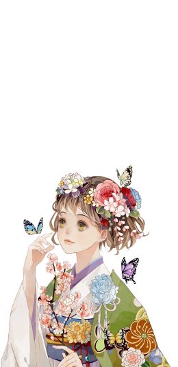 [2436x1125]二次元 日系 和风美人 蝴蝶 苹果手机动漫壁纸图片