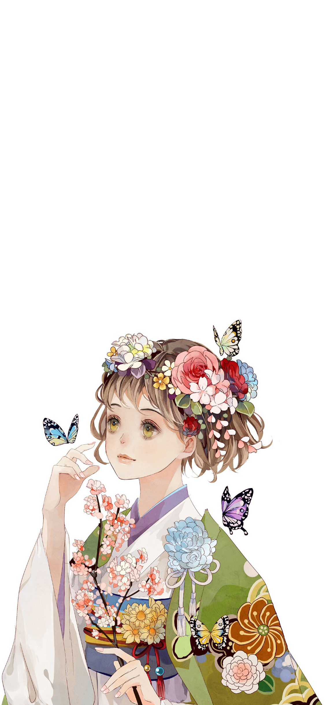 [2436×1125]二次元 日系 和风美人 蝴蝶 苹果手机动漫壁纸图片