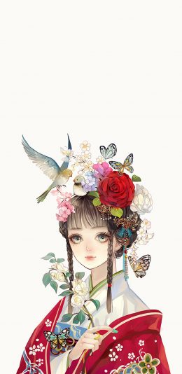 [2436x1125]二次元 日系 和风美人 蝴蝶 飞鸟 苹果手机动漫壁纸图片