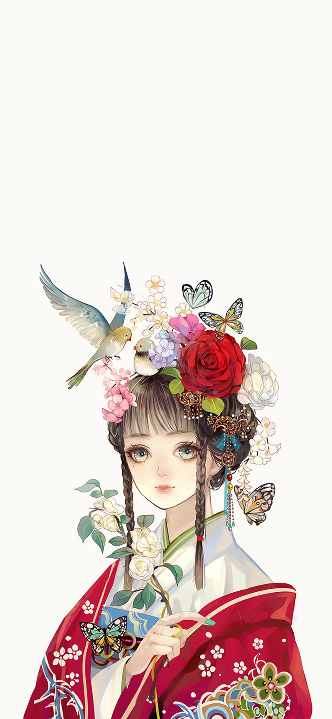 [2436×1125]二次元 日系 和风美人 蝴蝶 飞鸟 苹果手机动漫壁纸图片