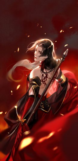 [2436x1125]二次元 红色 战士 武器 苹果手机动漫壁纸图片
