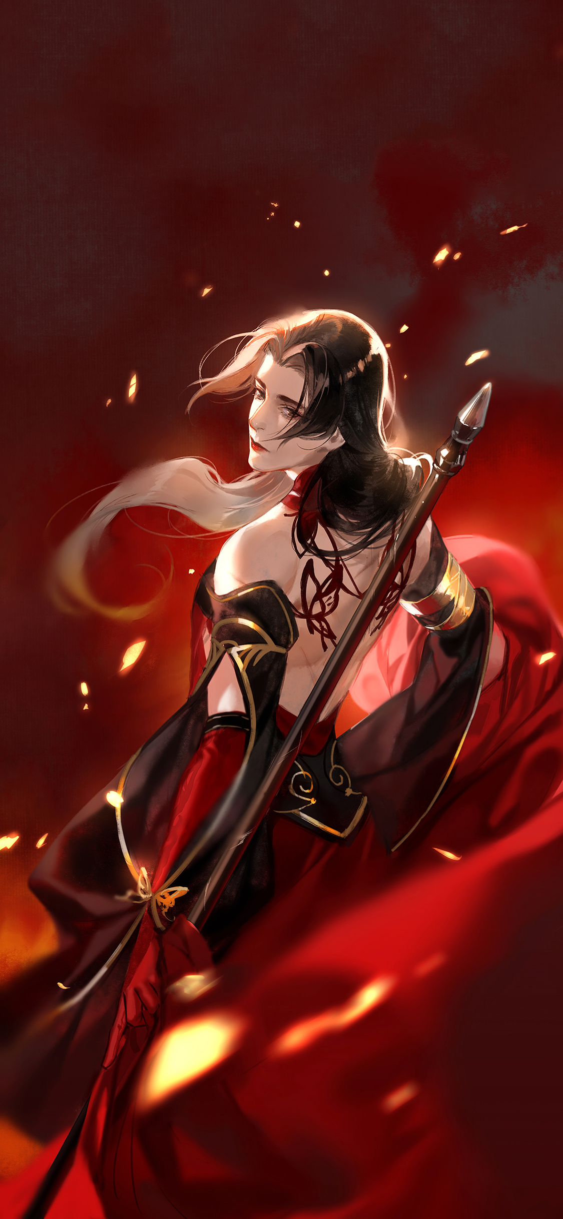 [2436×1125]二次元 红色 战士 武器 苹果手机动漫壁纸图片