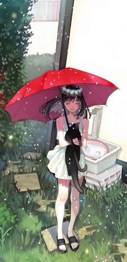 [2436x1125]二次元女孩 雨天 红伞 黑猫 苹果手机动漫壁纸图片