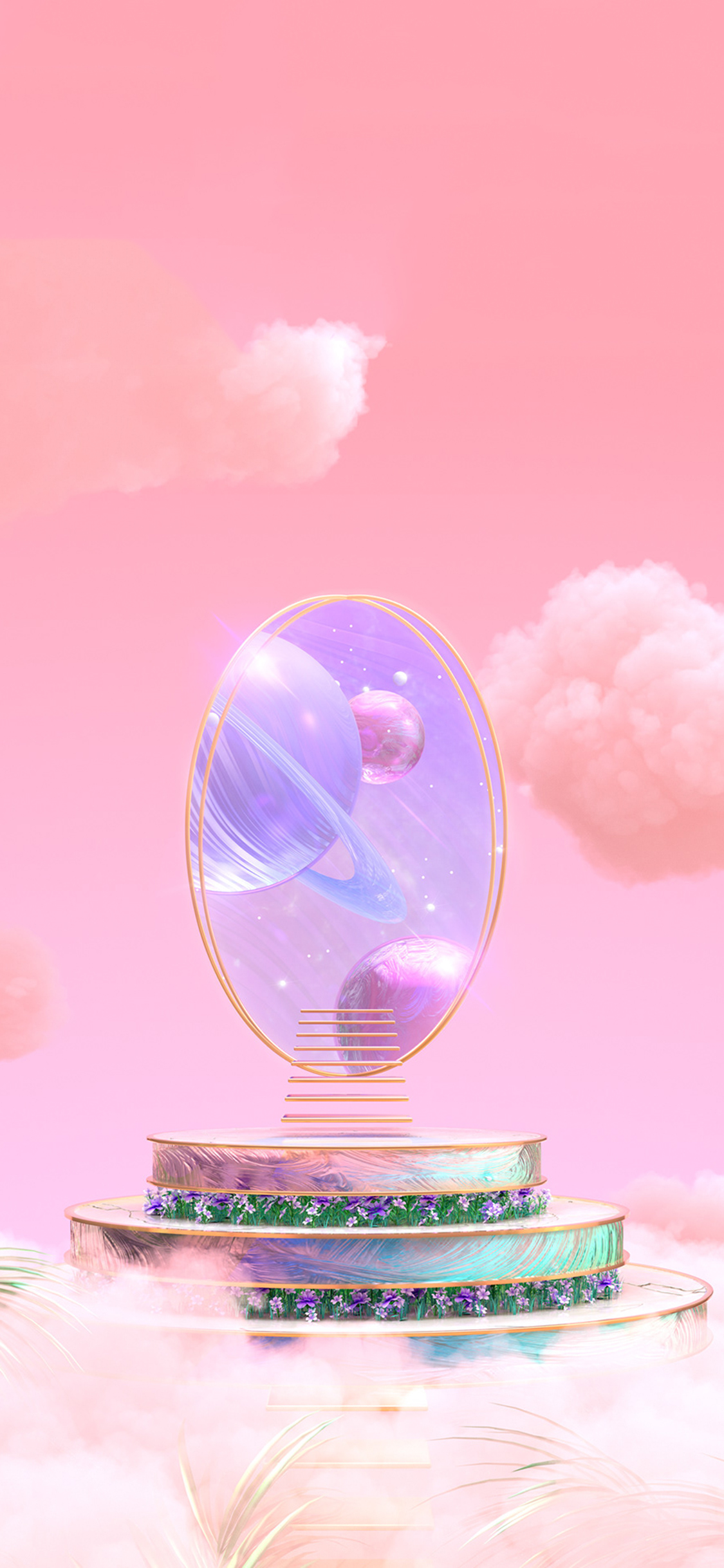 [2436×1125]云朵 行星 梦幻 粉色 苹果手机动漫壁纸图片