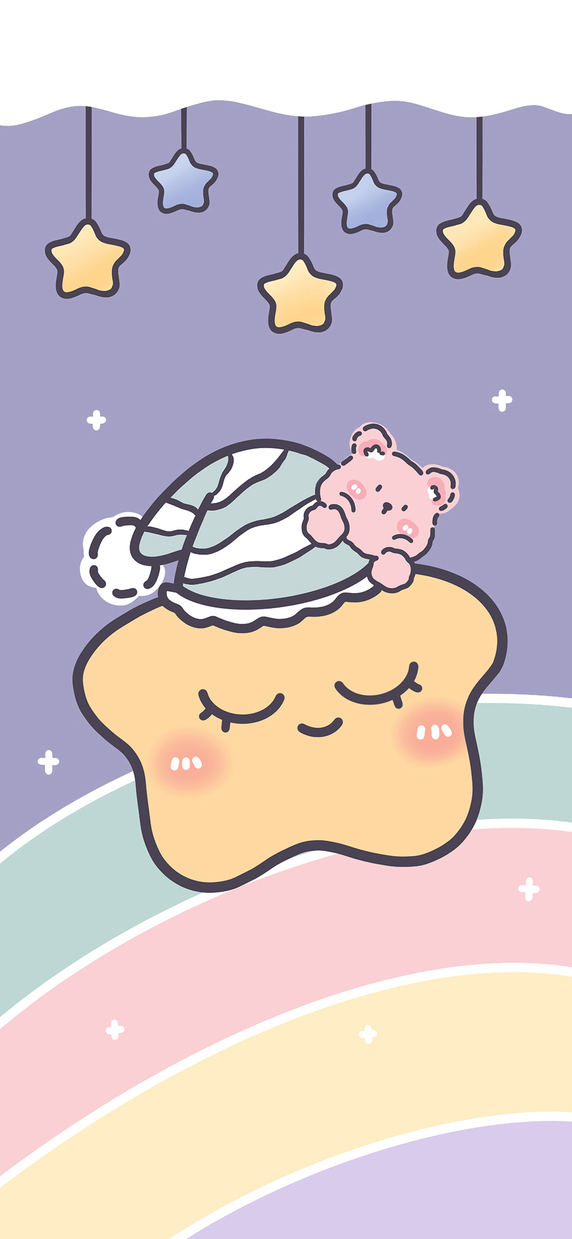 [2436×1125]五角星 可爱 卡通 睡眠 色彩 苹果手机动漫壁纸图片