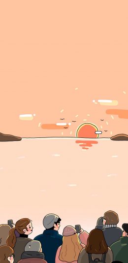 [2436x1125]人物 插图 日落 拍照 韩国插画师 苹果手机动漫壁纸图片