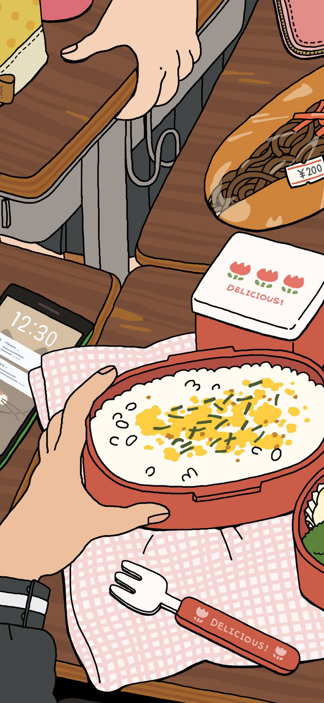 [2436×1125]便当 叉子 漫画 课桌 饭盒 苹果手机动漫壁纸图片