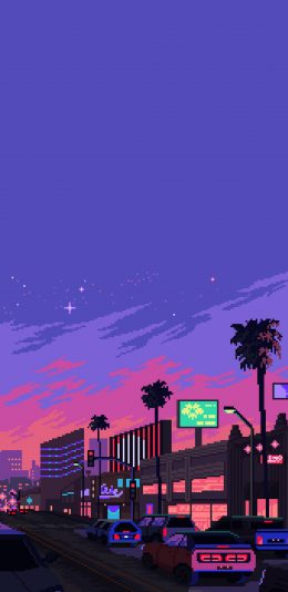 [2436x1125]像素画 城市夜景 车辆（取自微博：Wallpaper收藏家） 苹果手机动漫壁纸图片