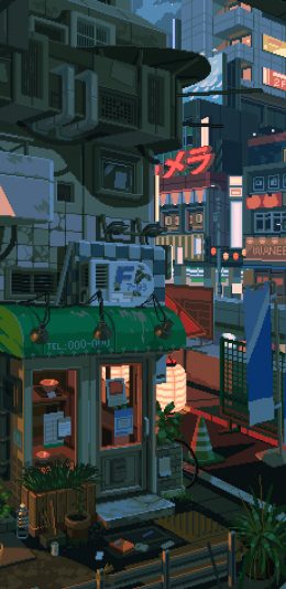 [2436x1125]像素风 街道 店铺 苹果手机动漫壁纸图片