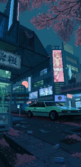 [2436x1125]像素风 街道 日本 樱花 苹果手机动漫壁纸图片