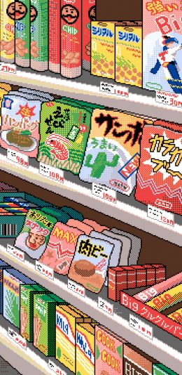 [2436x1125]像素风 货架 商场 零食 苹果手机动漫壁纸图片