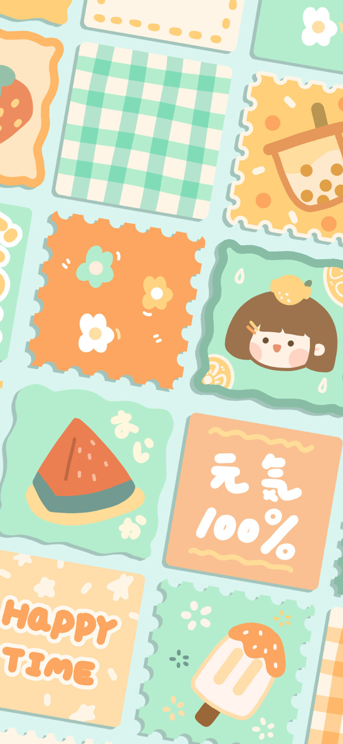 [2436×1125]元气100 happy time 肉肉酱 苹果手机动漫壁纸图片