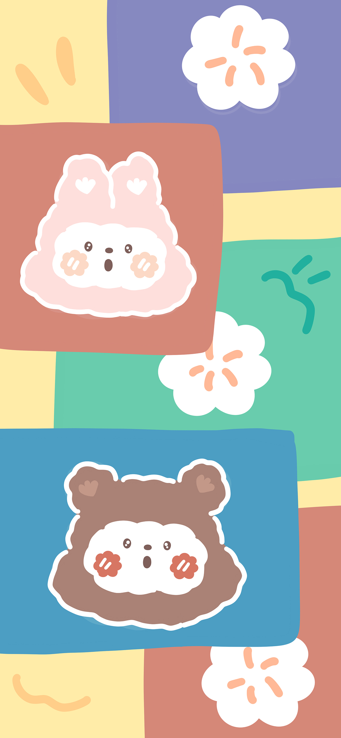 [2436×1125]兔子 卡通 叠图 色彩 苹果手机动漫壁纸图片