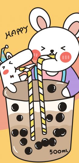 [2436x1125]兔子 奶茶 吸管 珍珠 可爱 happy 苹果手机动漫壁纸图片