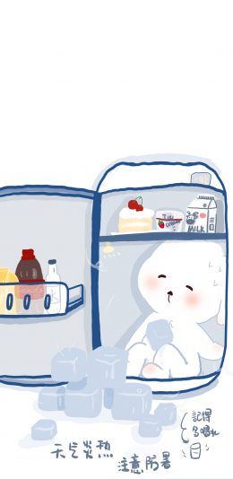 [2436x1125]兔子 插图 冰箱 天气炎热（取自微博：Rabit T tuo） 苹果手机动漫壁纸图片