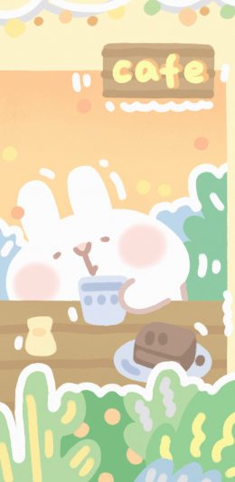 [2436x1125]兔子 插画 色彩 cafe 可爱 苹果手机动漫壁纸图片