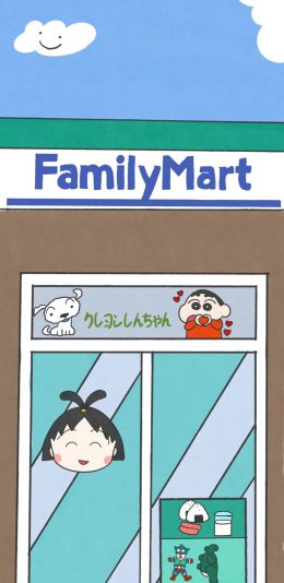 [2436x1125]全家FamilyMart 小丸子 蜡笔小新 苹果手机动漫壁纸图片