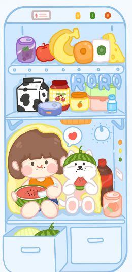 [2436x1125]冰箱 卡通 女孩 可爱 肉肉酱 苹果手机动漫壁纸图片