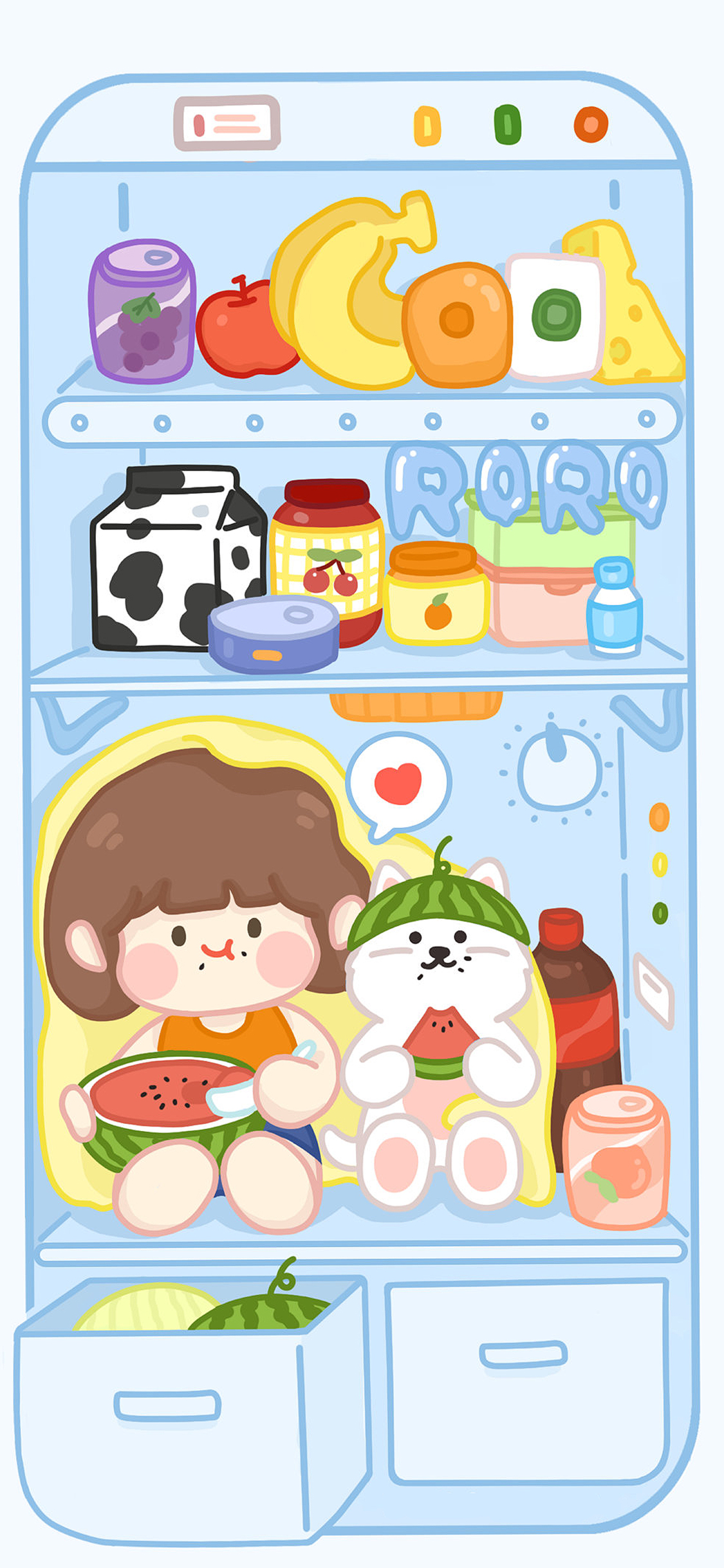 [2436×1125]冰箱 卡通 女孩 可爱 肉肉酱 苹果手机动漫壁纸图片