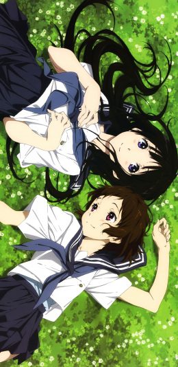 [2436x1125]冰菓 日本 动画 千反田爱瑠 伊原摩耶花 草坪 校园 漫画 苹果手机动漫壁纸图片