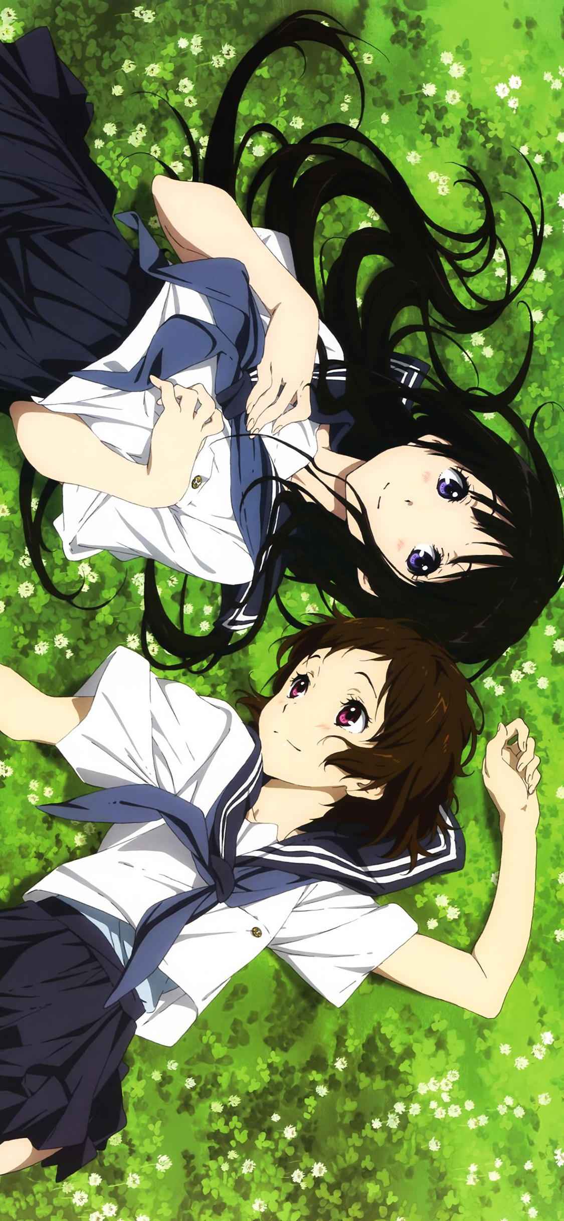 [2436×1125]冰菓 日本 动画 千反田爱瑠 伊原摩耶花 草坪 校园 漫画 苹果手机动漫壁纸图片