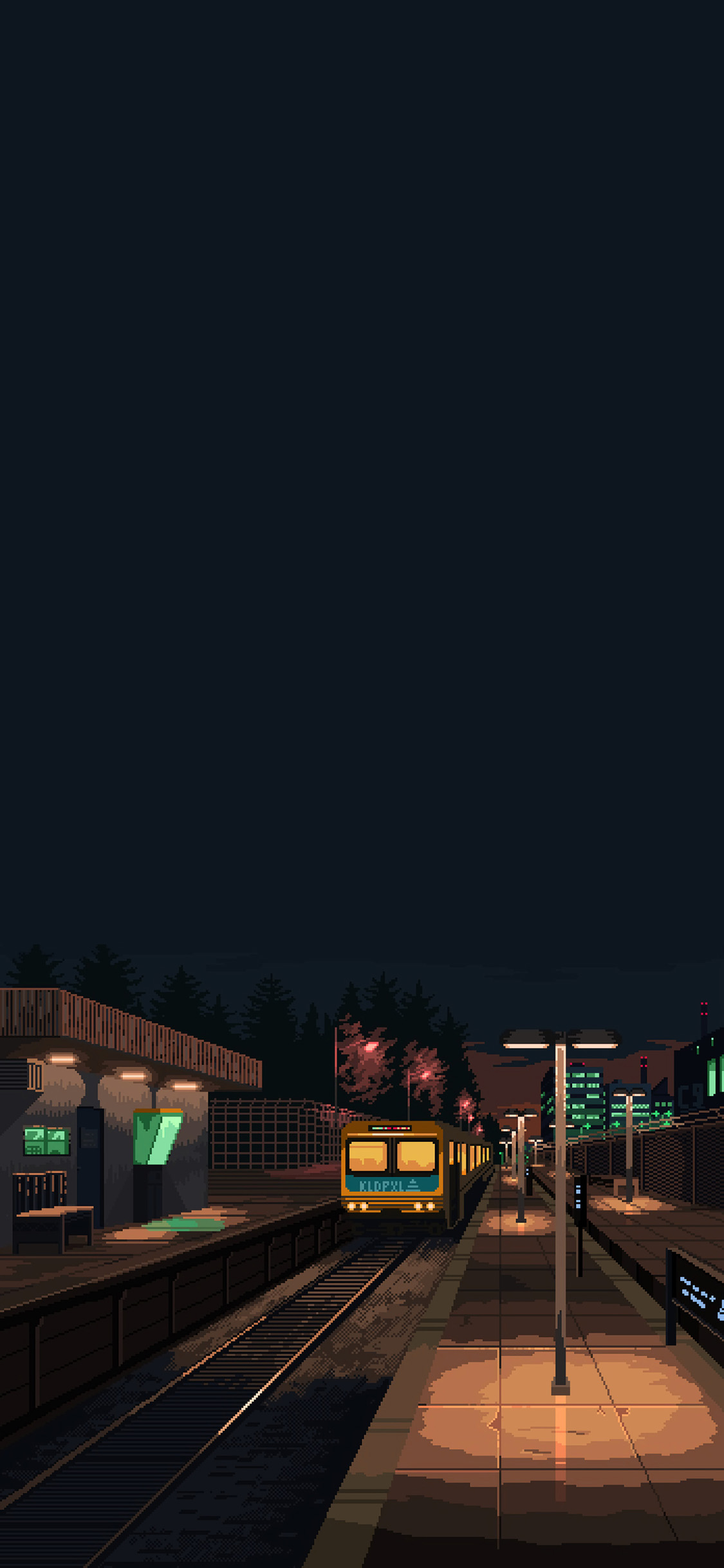 [2436×1125]列车 夜景 像素画 插图（取自微博：Wallpaper收藏家） 苹果手机动漫壁纸图片