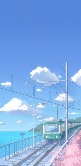 [2436x1125]列车 火车 轨道 漫画 蓝色 苹果手机动漫壁纸图片