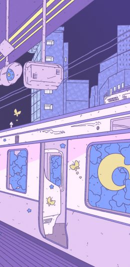 [2436x1125]列车 紫色 星星 夜晚 苹果手机动漫壁纸图片