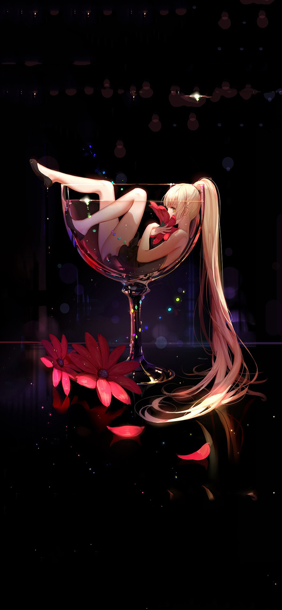 [2436×1125]创意 酒杯 女孩 动画 长发 苹果手机动漫壁纸图片