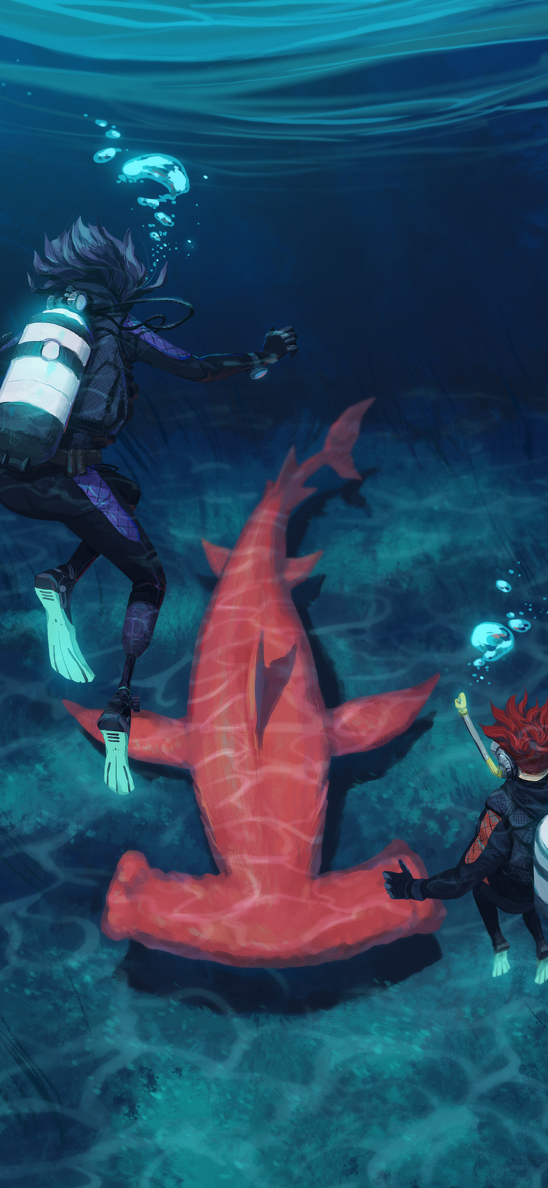 [2436×1125]动漫 二次元 插画 海洋 红鲸鱼 苹果手机动漫壁纸图片