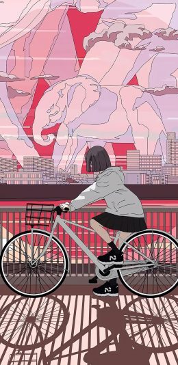 [2436x1125]动漫 场景 女孩 自行车 骑行 苹果手机动漫壁纸图片