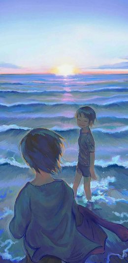 [2436x1125]动漫 场景 少年 大海 苹果手机动漫壁纸图片
