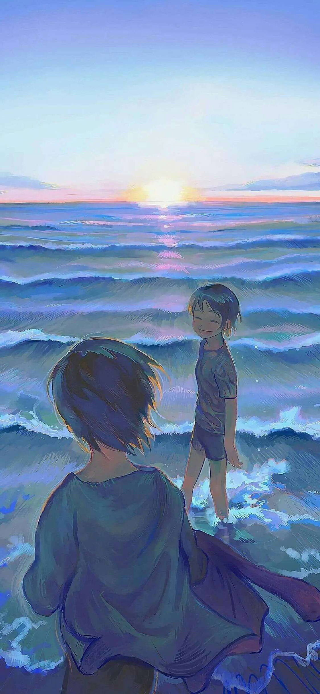 [2436×1125]动漫 场景 少年 大海 苹果手机动漫壁纸图片