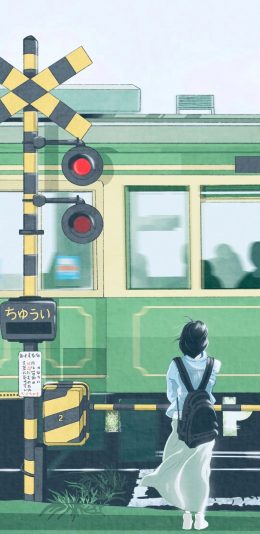 [2436x1125]动漫 场景 火车站 少女 背影 苹果手机动漫壁纸图片